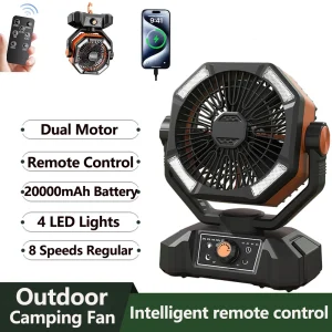 Battery Camping Fan with 4 LED Lantern 8 Speeds